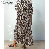 Yipinpay New Women Summer Print Dress Vintage Female Party Mid-Calf Geometric Loose Vestidos Half Sleeve High Waist Vestidos Mujer