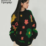 Yipinpay Winter Korean style Floral Embroidery Women Warm Sweater INS Long Sleeve O Neck Knit Ladies Pullover Female Clothing Tops