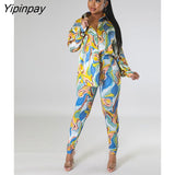 Yipinpay Stripe Printing Women's Sets Lady Long Sleeve Shirt Legging Pencil Pants Set Fashion High Street Two 2 Piece Set Outfits