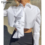Yipinpay 2023 Spring Elegant Long Sleeve Women Whiter Shirt England Style Y2K Ruffles Button Up Woman Crop Tops Blouse Clothing