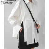 Yipinpay 2023 Spring New In Office Lady Long Sleeve Asymmetrical White Shirt Women Loose Double Breasted Button Tunic Blouse Tops