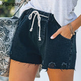 Yipinpay Women Elastic Waist Drawstring Ripped Stretch Denim Shorts Summer Streetwear Black White Blue High-Waist Sexy Hole Jean Shorts