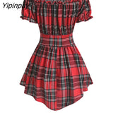 Yipinpay Fashion Croset Style Off The Shoulder Corset Waist Plaid Women Top Fashion Hide Tummy Short Sleeve Tee For Summer