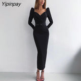Yipinpay Spring Full Sleeve V Neck Women Long Dress Elegant Sashes Solid Elasticity Cotton Sexy Dresses Empire Party Evening Dress