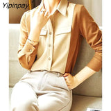 Yipinpay 2023 Winter Patchwork Long Sleeve Thick Shirt Women Office Lady Button Up Tunic Blouse Work Female Autumn Clothing Tops