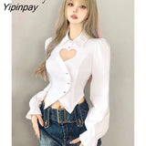 Yipinpay 2023 Spring Sweet Long Sleeve Hollow Out White Shirt Women Korea Style Slim Button Up Ladies Crop Tops Autumn Clothing