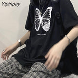 Yipinpay Cartoon butterfly Print plus Loose Black Women T shirt Clothing short sleeve tops punk dropshipping vintage product