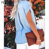 Yipinpay Women Wash Distressed Denim Shirt Blue Cardigan With Pockets Short Sleeve Turndown Collar Sexy Button Up Tops And Blouses