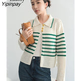 Yipinpay 2023 Winter Office Lady Long Sleeve Stripe Women Shirt Korean style Button Up Hollow Out Knit Blouse Spring Women Tops