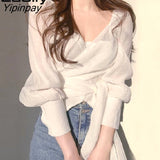Yipinpay 2023 Summer Korean style Long Sleeve V Neck Chiffon Blouse Women Casual Transparent Slim Ladies Shirts Female Clothing
