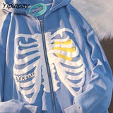 Yipinpay Women's Sweatshirt Skelet Printing Streetwear Oversized Zip Hoodie Long Sleeve Top Harajuku Korean Cardigan Jackets Goth Clothes 0406