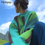 Yipinpay Green Striped Print Oversized Pullovers Women Winter O-Neck Loose Long Sweaters Streetwear Warm Outerwear 2023