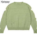 Yipinpay Men Sweater Green Loose Skeleton Bone Printing Woman High Quality High Street Damage Hole Vintage 1:1 Knitted Sweater
