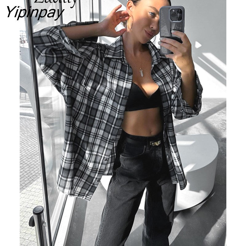Yipinpay 2023 Spring Long Sleeve Women Oversize Shirt Casual Plaid Button Up Woman Tunic Blouse Daily Fashion Female Clothing Top
