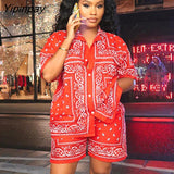 Yipinpay Print Tracksuit Women Short Sleeve Shirt And Shorts Two Piece Sets Female Fashion Outfits 2023 Single Breasted Top Suits