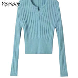 Yipinpay 2023 Winter Korean Style Long Sleeve V Neck Sweater Women Minimalist Slim Crop Tops Ladies Knit Pullovers Female Clothing