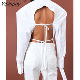 Yipinpay 2023 Spring New Long Sleeve Backless Women White Shirt Office Lady Long Sleeve Button Slim Woman Blouse Work Female Tops