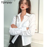 Yipinpay Spring Casual Long Sleeve Slim Women White Shirt Korea Style Pockets Button Up Short Blouse 2023 New In Female Clothing