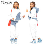 Yipinpay Women Patchwork Denim Panel Tracksuit Set Long Sleeve Hooded Sweatshirt Running Pants Suit 2023 Autumn Fashion Casual Sportswear