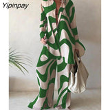 Yipinpay Casual Printed Long Sleeve Shirt Two Pieces Set 2023 Summer Loose High Waist Straight Trouser Suits Female Fashion Outfits 0406
