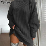 Yipinpay Knit Ribbed Baggy Sweater Mini Dress Women Jumper Long Sleeve Turtleneck Streetwear Female Pullover Loose Sweaters Dresses