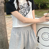 Yipinpay Women T-Shirt Y2k Crop Top Summer Sexy Short Sleeve Print Letter Cropped Aesthetic Grunge Harajuku Vintage Korean Gothic Clothes