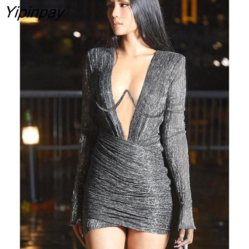 Yipinpay Sequin Pleats Shoulder Pads Women Dress Sexy Long Sleeve Low Cut Mini Dresses Ladies Autumn Evening Party Club Robe