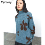 Yipinpay 2023 Winter Long Sleeve Floral Embroidery Sweater Women Vintage Loose Turtleneck Knit Ladies Pullover Female Clothing Top