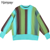 Yipinpay Green Striped Print Oversized Pullovers Women Winter O-Neck Loose Long Sweaters Streetwear Warm Outerwear 2023