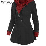Yipinpay Autumn Sweater Women Colorblock Zip Embellished Hooded Sweater Oversized Warm Female Pullovers Casual Jumper Tops