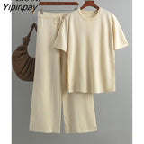 Yipinpay Piece Loose Knit Set Women Baggy Slit Tops And Wide Leg Pants High Waist Streetwear Summer 2023 Knitwear Outfits Black Sets