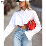 Yipinpay 2023 Spring Streetwear Long Sleeve Cotton Asymmetrical CottoWomen White Shirt Sexy Button Woman Crop Tops Female Blouse