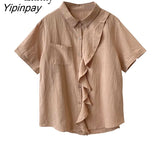 Yipinpay 2023 Summer Short Sleeve Cotton Shirt Women Korean style Ruffles Button Up Solid Ladies Blouse Tunic Casual Clothing Tops