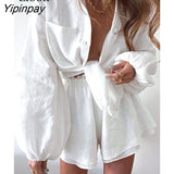 Yipinpay Linen Two Piece Baggy Shirts Set Women Loose Blouse Tops And Shorts High Waist Streetwear 2023 Summer White Outfits Sets