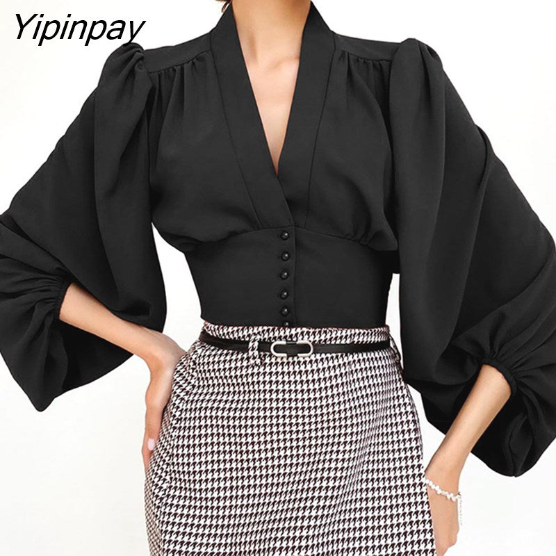 Yipinpay 2023 Spring New Vintage Lantern Sleeve Slim Women Shirt Korea Style Button Up Woman Short Blouse Female Clothing Tops