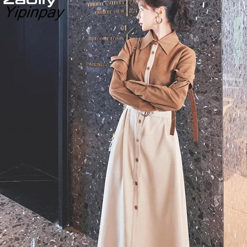 Yipinpay 2023 Spring Office Lady Long Sleeve Fake Two Pieces Work Maxi Dress Women Patchwork Sashes Shirt Dresses Free Shipping