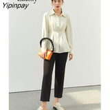 Yipinpay 2023 Spring Elegant Long Sleeve Women Shirt Korea Style Office Lady Belt Button Up Woman Blouse Work Female Top Clothing