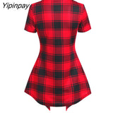 Yipinpay Plaid Print Mock Button Casual Faux Twinset T Shirt Combo Women 2 in 1 Tee Twofer Summer High Waist Fashion T-Shirts
