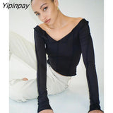 Yipinpay Off Shoulder Long Sleeve T-Shirt Women Spring Casual Party Street Tops 2023 Solid Base Tees Female Cropped Y2K Shirts