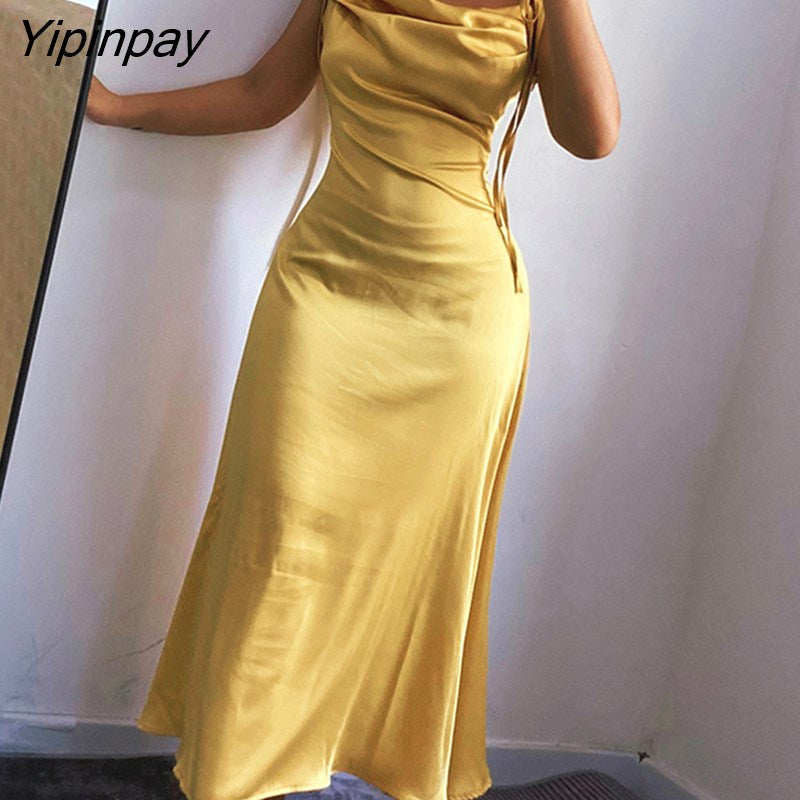 Yipinpay Yellow Satin Ruched Midi Dress Women High Waist 2023 Summer Spaghetti Strap Robe Backless Drawstring Party Sexy Dresses