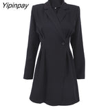 Yipinpay 2023 Spring New Office Lady Long Sleeve Women Blazer Dress Elegant Solid Color Slim Waist Button Black Woman Dresses