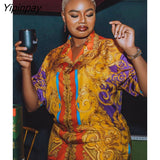 Yipinpay Printed Two Piece Set Women Long Sleeve Lapel Loose Shirt Elastic Pencil Pants Sets Lady Casual Street Top Trousers Sets