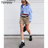 Yipinpay Spring Casual Patchwork Long Sleeve Solid Women Shirt Sexy Button Up Fake two pieces Woman Crop Tops 2023 New In Blouse