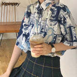 Yipinpay Japanese style Cartoon print Women Shirt Vintage Short Sleeve Button Up Y2K Womens Blouse 2023 Summer Loose Female Shirts