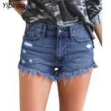 Yipinpay Cotton Tassel Jean Shorts Women High Waist Bottoms Sexy Rave Jean Short Button Pockets Streetwear Black Blue Denim Shorts