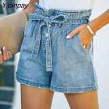 Yipinpay Blue Cotton Button Up Stretch Denim Shorts Women High Waist Streetwear With Pockets Drawstring Sexy Skinny Jean Shorts