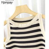 Yipinpay Stripe Knit Tank Crop Top Summer Basic Vest 2023 Women Outfits Streetwear Sleeveless O Neck Black White Knitwear Cute Tops