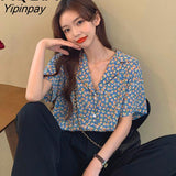 Yipinpay Vintage Floral Printing Button Up Women Shirt Notched Neck Short Sleeve Womens Blouse 2023 Summer Loose Tunic Female Shirts
