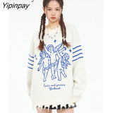 Yipinpay 2023 Winter Long Sleeve Angel Embroidery Sweater Women Streetwear Frayed O Neck Ladies Pullover Female Clothing Tops