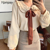 Yipinpay 2023 Spring Blouses Women Elegant Kawaii Bow Peter Pan Collar Leisure New Fashion Korean Style Female Clothes Lovely Tops